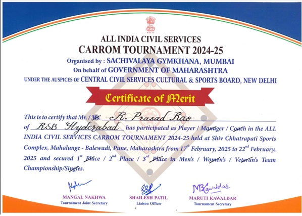 Merit certificate of Shri R. Prasada Rao.